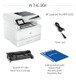 HP LaserJet Pro MFP 4101Fdn Printer, white, with touchscreen display and open paper tray visible.