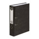Marbig Foolscap Lever Arch File, reinforced spine, mottled black, with silver rings and label.