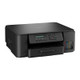 Black compact 3-in-1 printer with control panel and open ink tank on front, matte finish.
