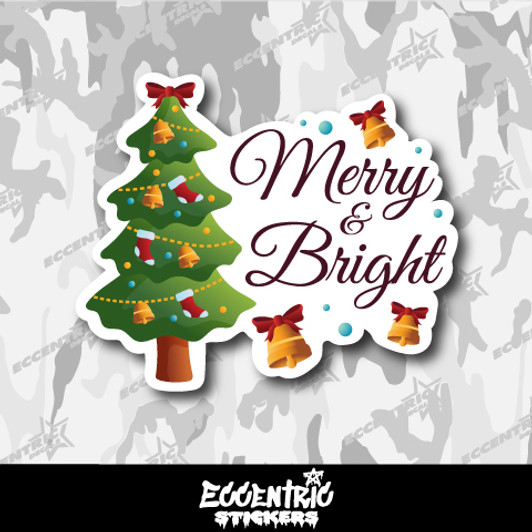 Merry & Bright Tree And Bells Vinyl Sticker