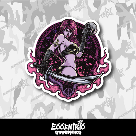 Warrior Pinup in Sexy Leather Bikini Holding Sword and Skull Vinyl Sticker