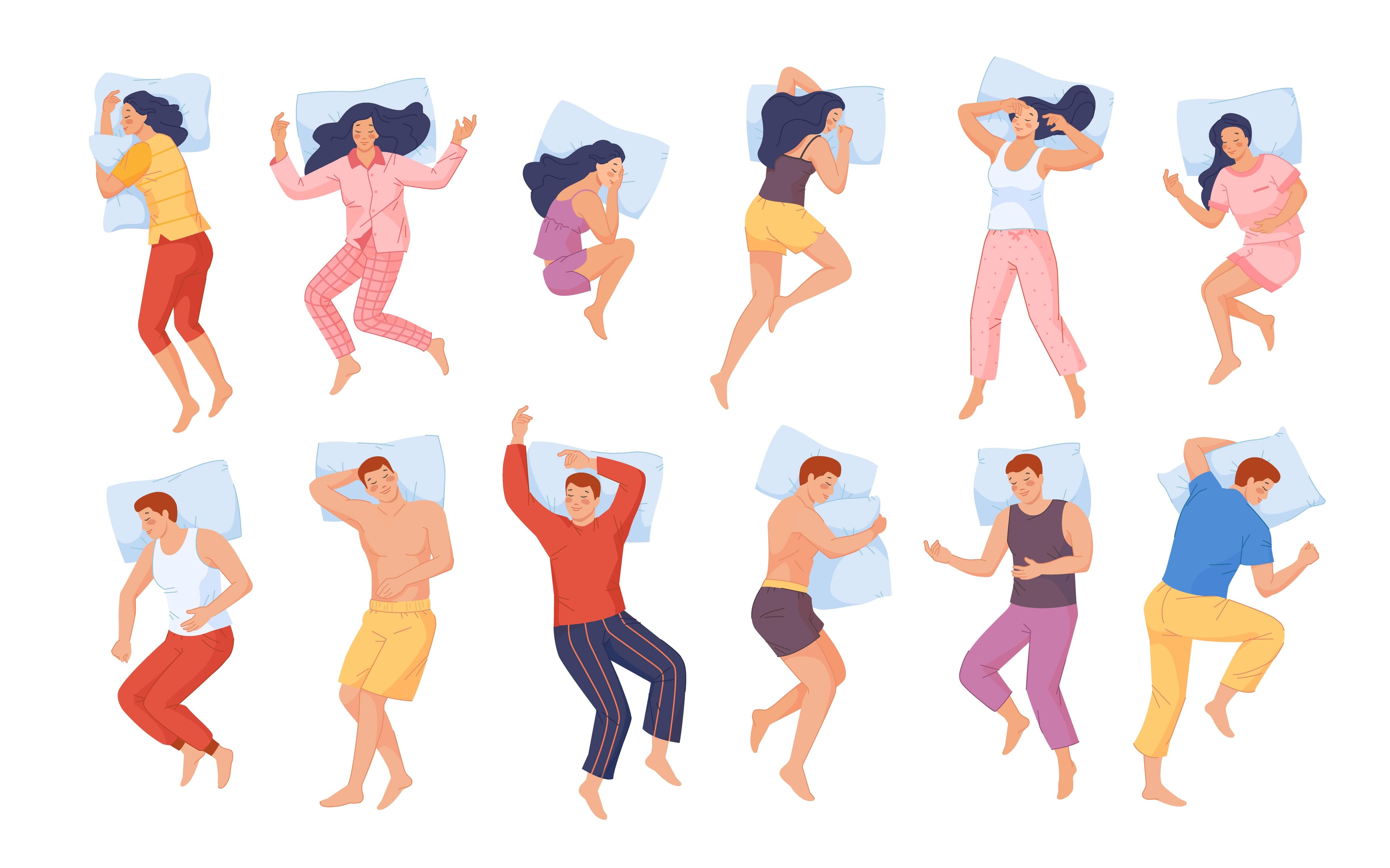 People put another pillow under the back of knees while lying down on bed.  Correct sleep on back posture. Stock Vector