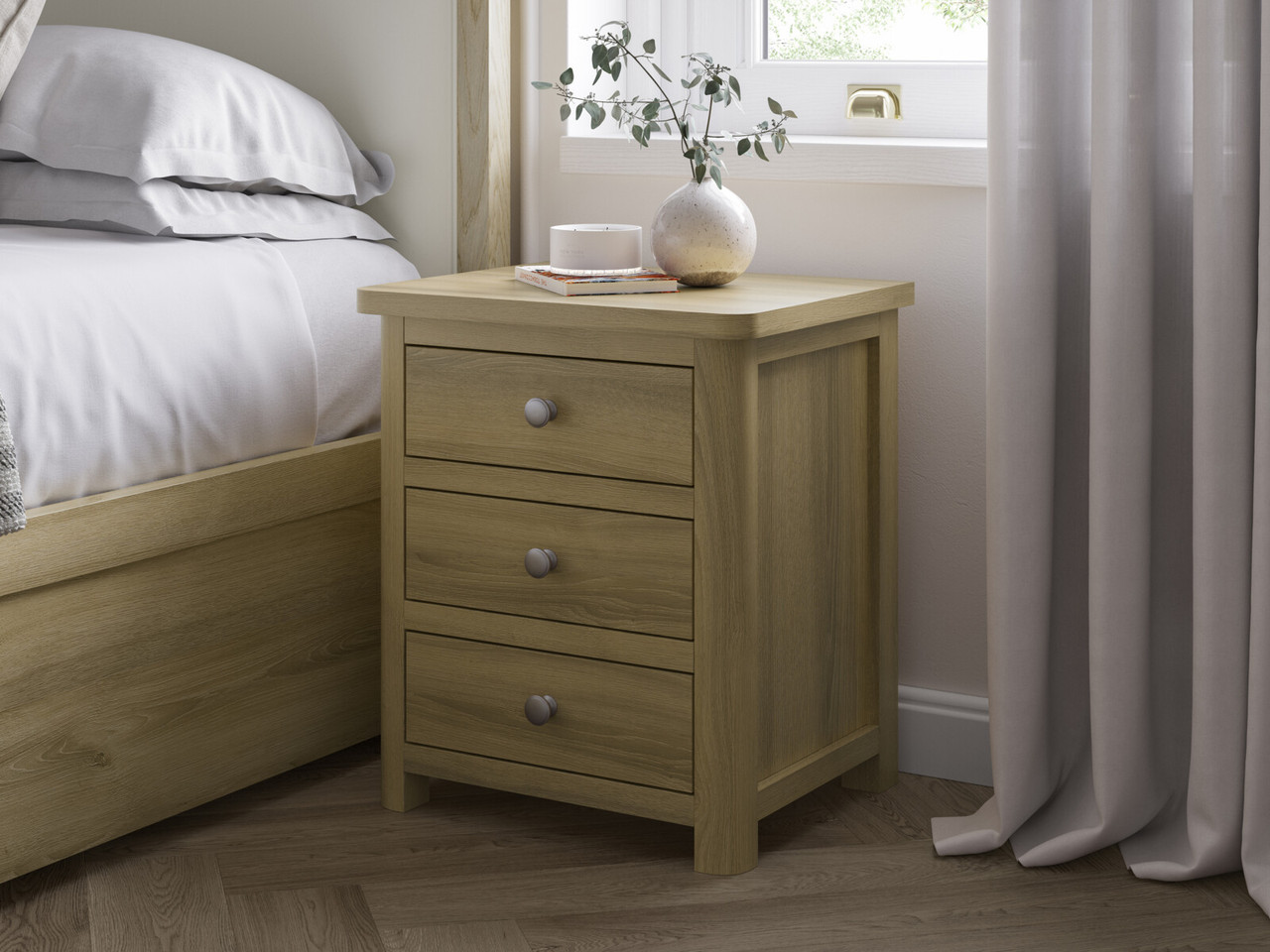 Delphine Bedside Table 3 Drawers Light Oak