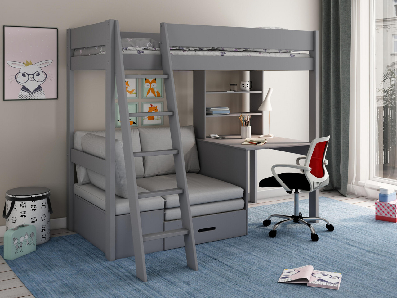 Rory High Sleeper Desk Bedframe And Mattress Single Grey