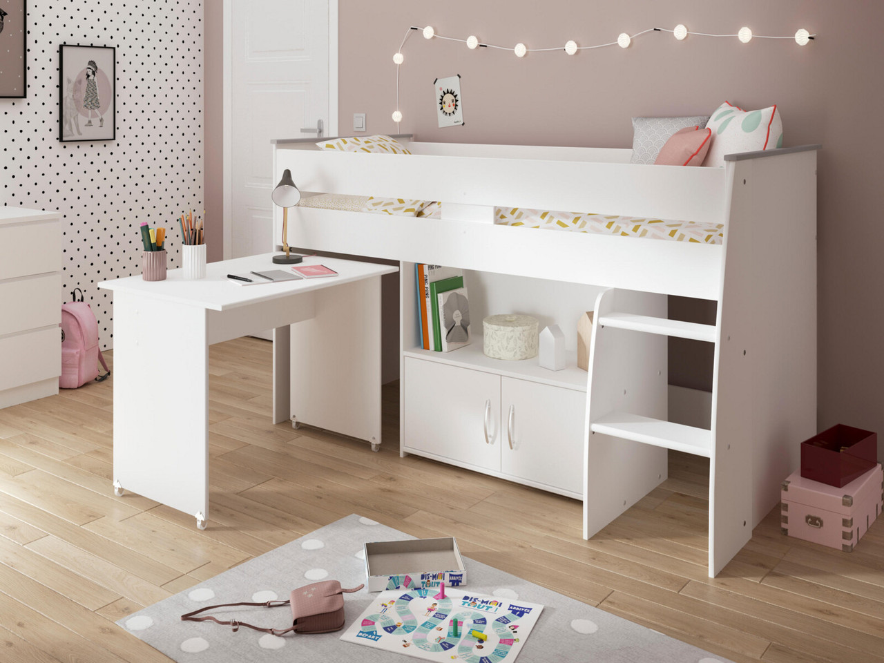 Mabel Midsleeper Desk Bedframe Single White