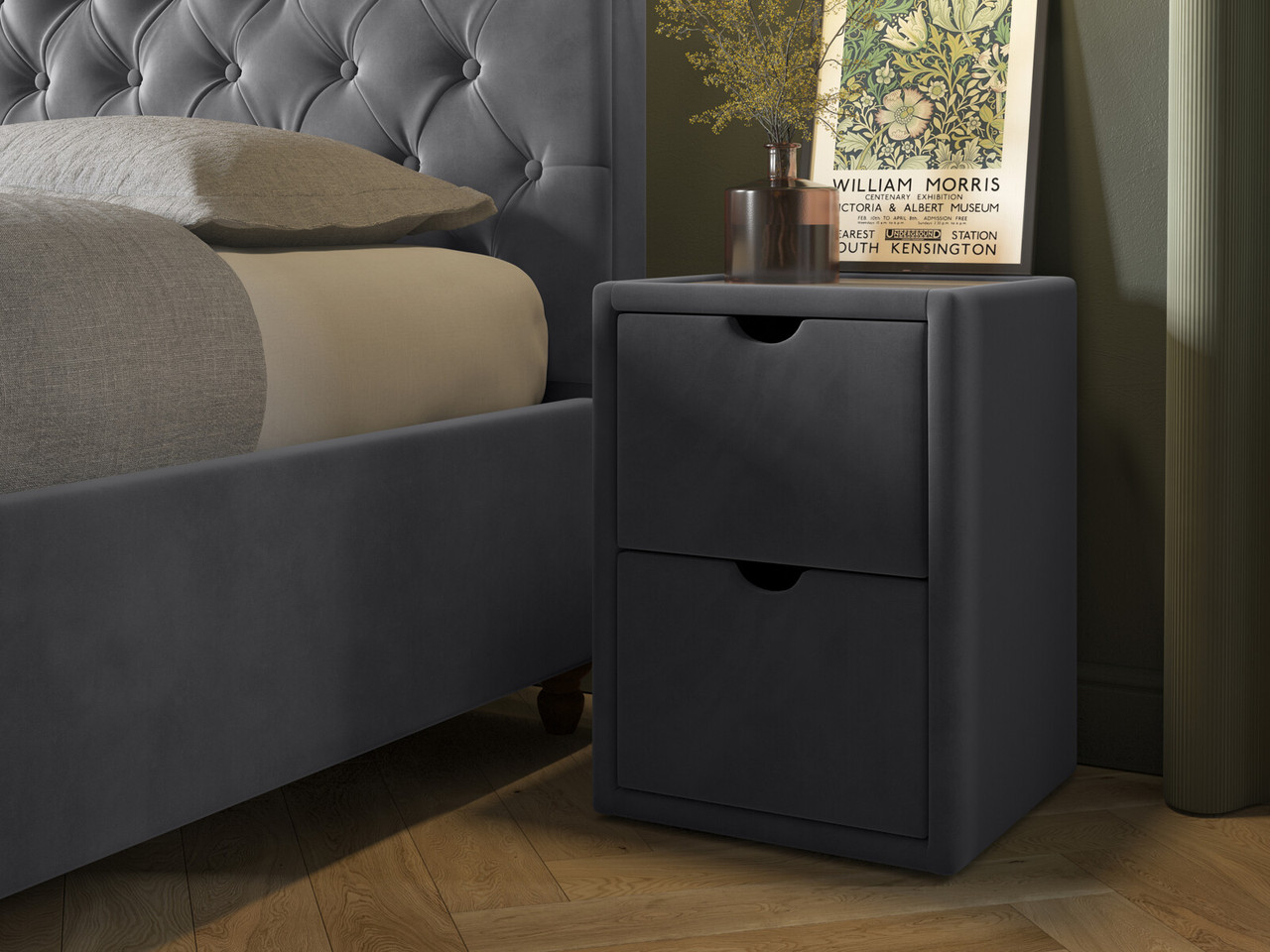 Upholstered Bedside Table 2 Drawers Pewter