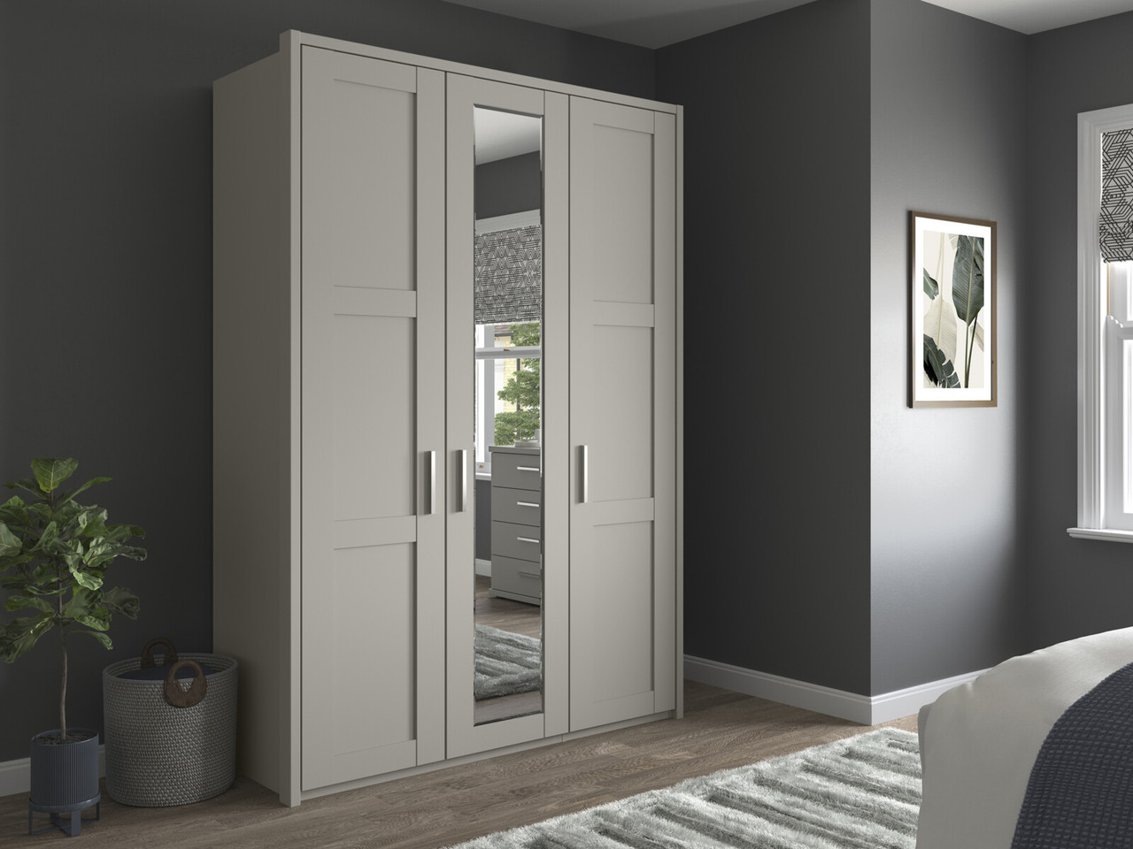 Alster 3 Door 1 Mirror Hinged Wardrobe H: 220 X W: 157 X L: 58 Cm Pebble Grey