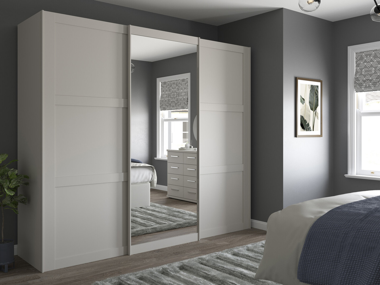 Alster 3 Door Sliding Mirrored Wardrobe 3 Door Sliding Pebble Grey