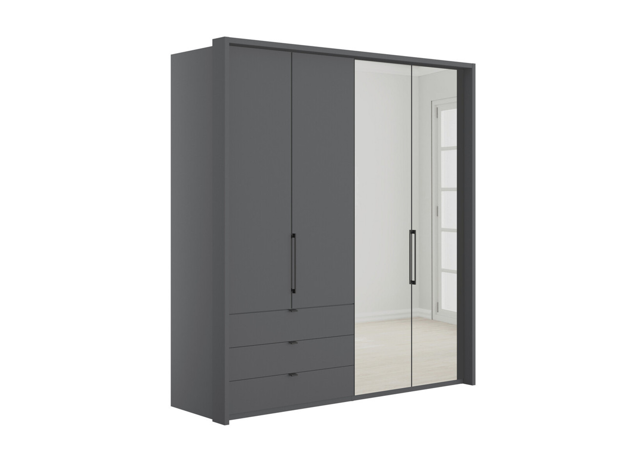 Emden 4 Door 3 Drawers On Left Hinged Mirrored Wardrobe H: 220 X W: 207 X L: 58 Cm Pebble Grey