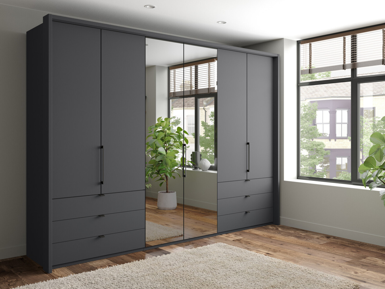 Emden 6 Door 6 Drawer Hinged Mirrored Wardrobe H: 220 X W: 307 X L: 58 Cm Graphite