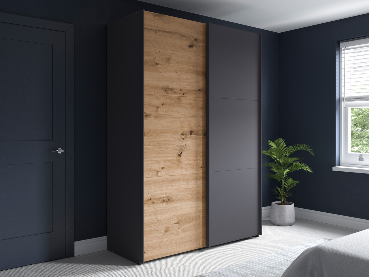 Dorsten 2 Door Sliding Wardrobe 2 Door Sliding Graphite   Bianco Oak   Graphite