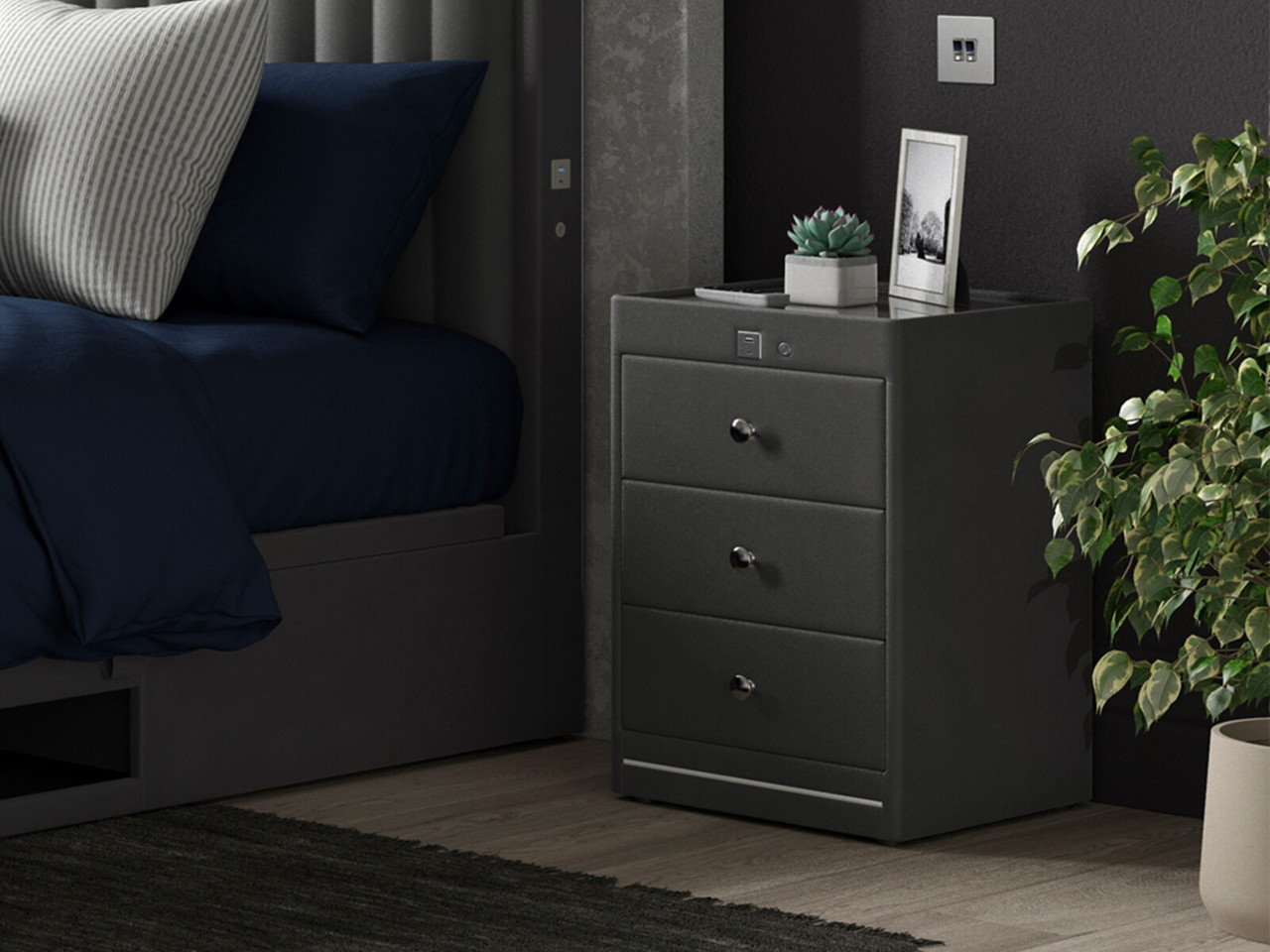 Kuban 3 Drawer Usb C Bedside Table 3 Drawers Anthracite Grey