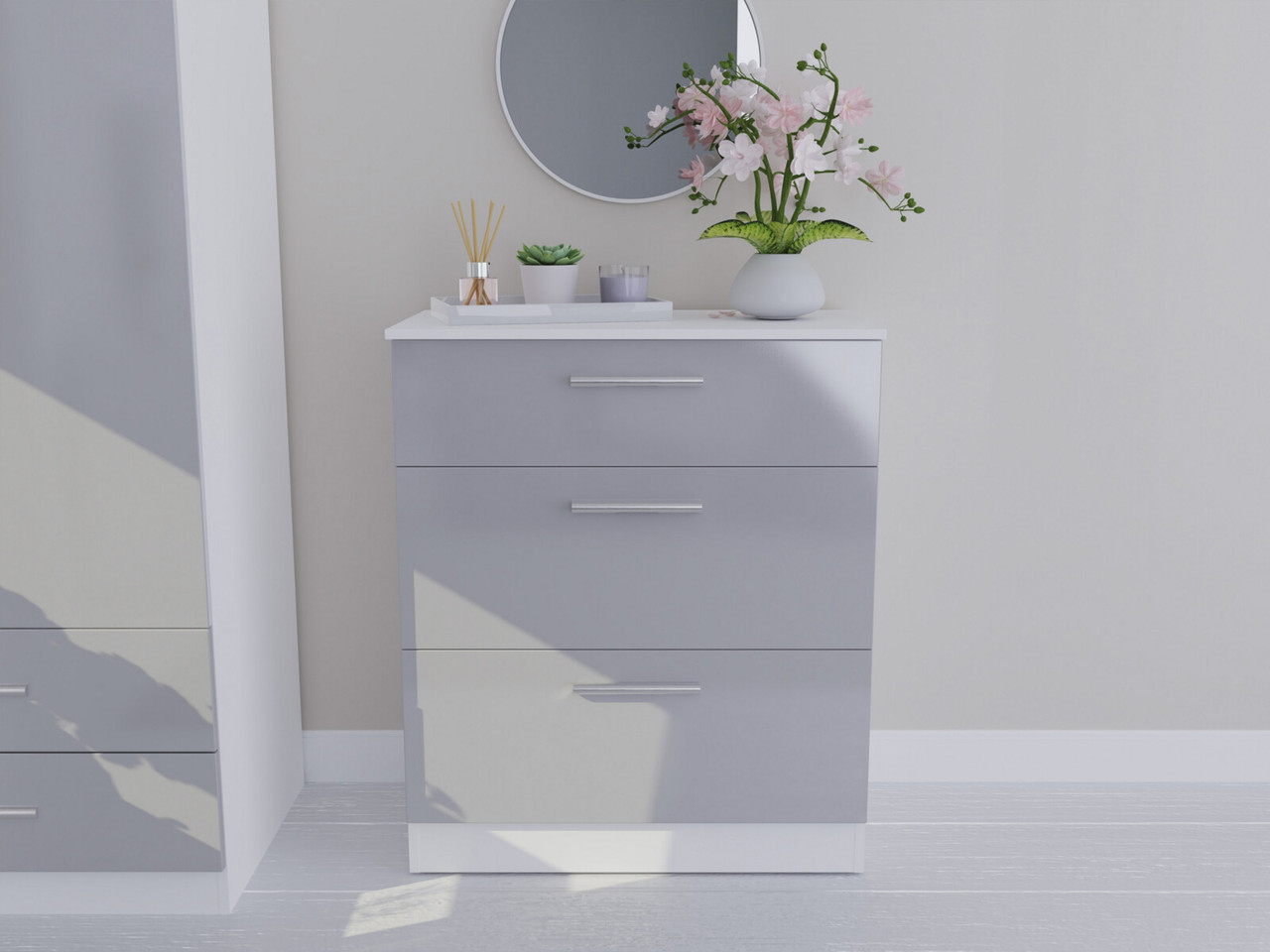 Latina 3 Drawer Deep Chest 3 Drawers Light Grey Gloss White