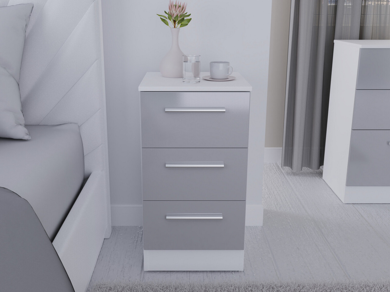 Latina 3 Drawer Bedside Cabinet 3 Drawers Light Grey Gloss White