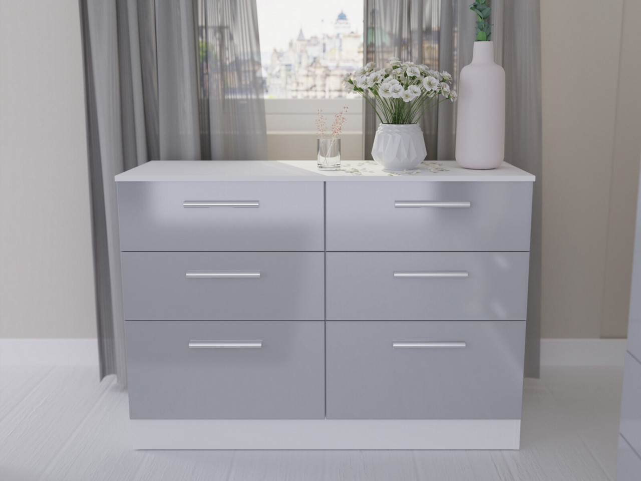 Latina 6 Drawer Wide Chest 6 Drawers Light Grey Gloss White