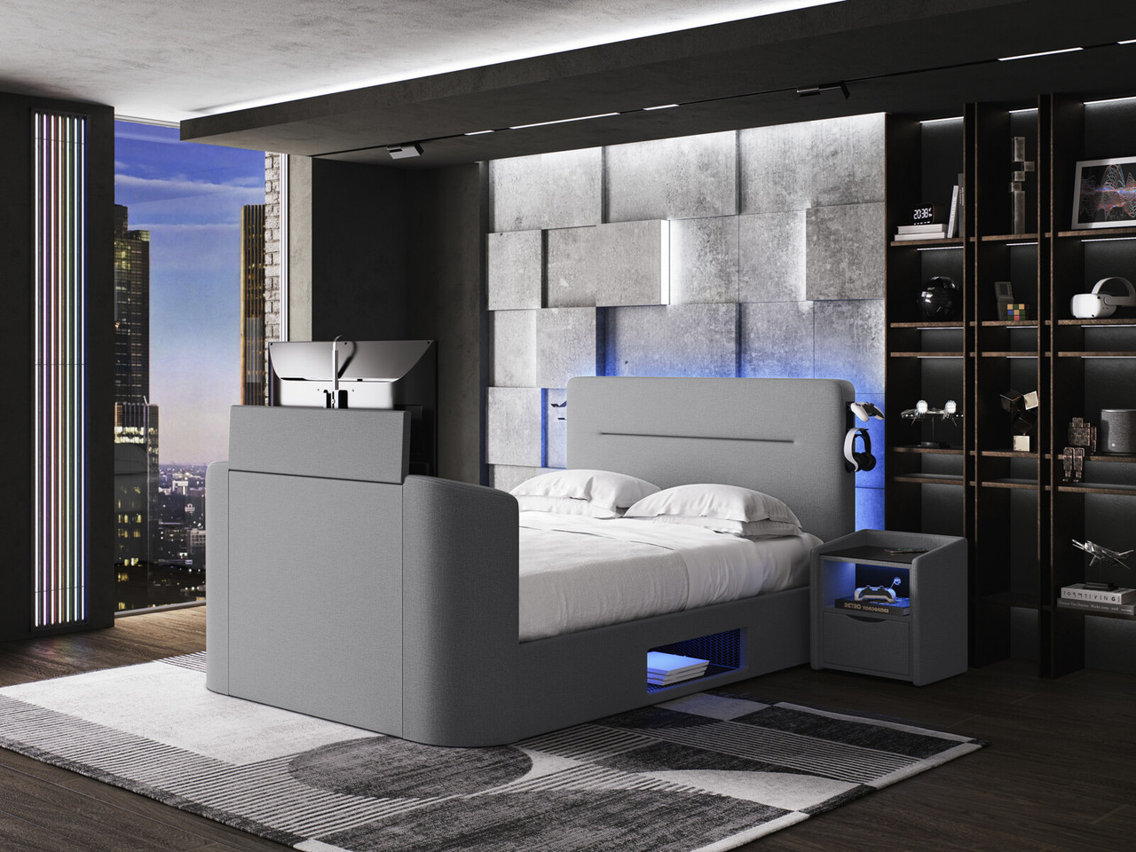 Re Charge Gaming Ottoman Tv Bed Frame King Charcoal Grey Woven