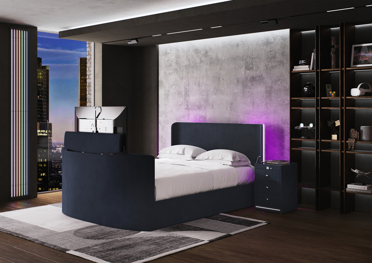 Media Glow Ottoman Tv Bed Frame With Sound Activated Lighting Double Deep Blue