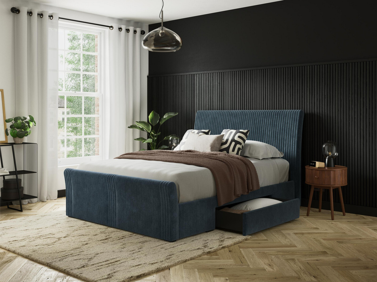 Westby Side Drawer Bed Frame King Navy Velvet