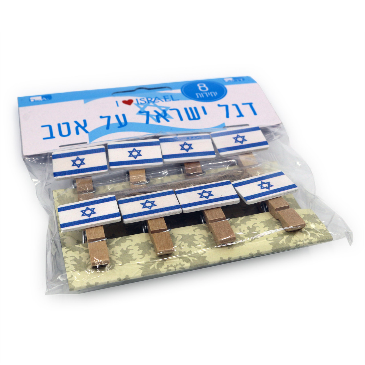 Israeli Flags on Wood Cloth-pins with String (8 in a Pack)