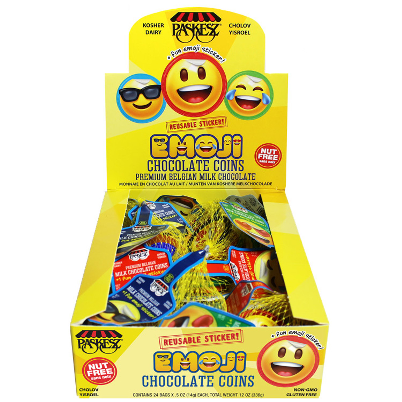 NUT-FREE Milk Chocolate Gelt Coins w. Reusable Emoji Stickers - 24 Mesh  Bags in Box - Cholov Yisroel - On SALE