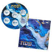 Set of Blue Marble Glass Seder Set with Matching Matzah Cover
