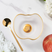 Apple Shaped Frosted Glass "Shana Tova" Honey Dish With Gold Spoon