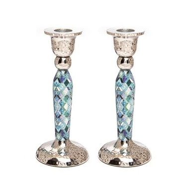 Metal Candlesticks With Blue Design 6.5"