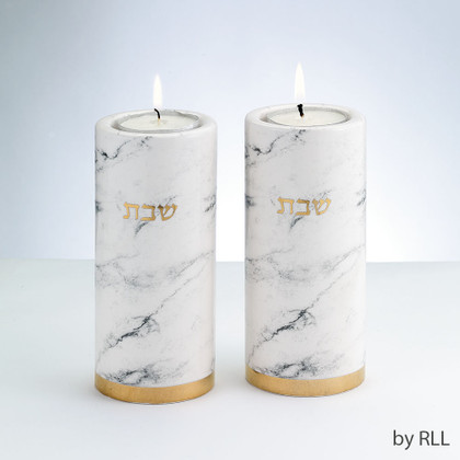 Ceramic Candlestick Set, Marble Design, Gold Accents
