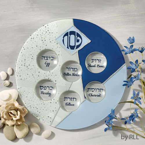 Blue Glass Seder Plate with Silver Glitter Accents