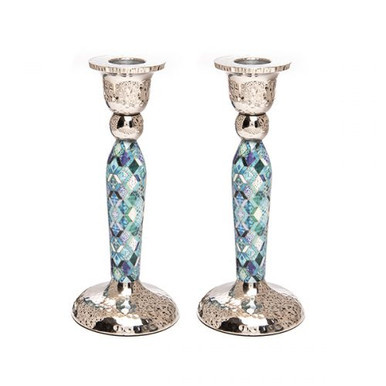 Metal Candlesticks With Blue Design 6.5"