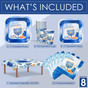 Izzy N' Dizzy 8 Person - Hanukkah Party Supplies, Holiday Chanukah Disposable Dinnerware Set with: 9" Paper Plates, 7" Cocktail Plates, Napkins, Tablecloth, and Cups - Blue