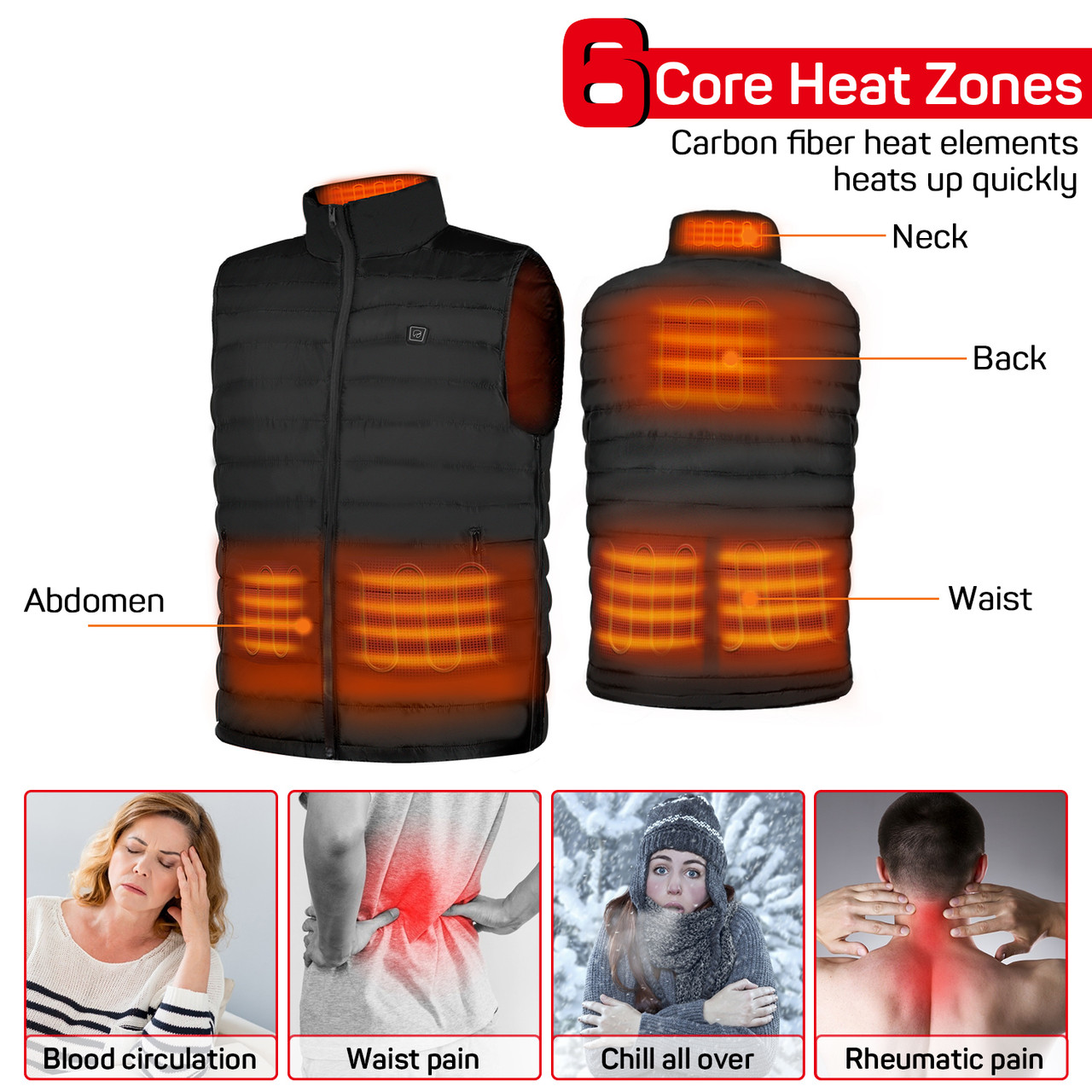 Electric Unisex Heated Vest with 6 Heating Zones Plus Size