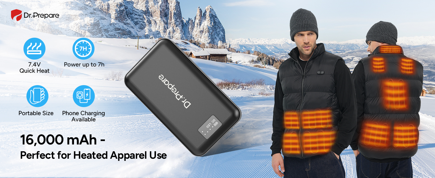 Dr. Prepare Portable Charger 10000mAh for Heated Vest/Jacket,Type-C  Input&Android USB Output Power Bank,Black 