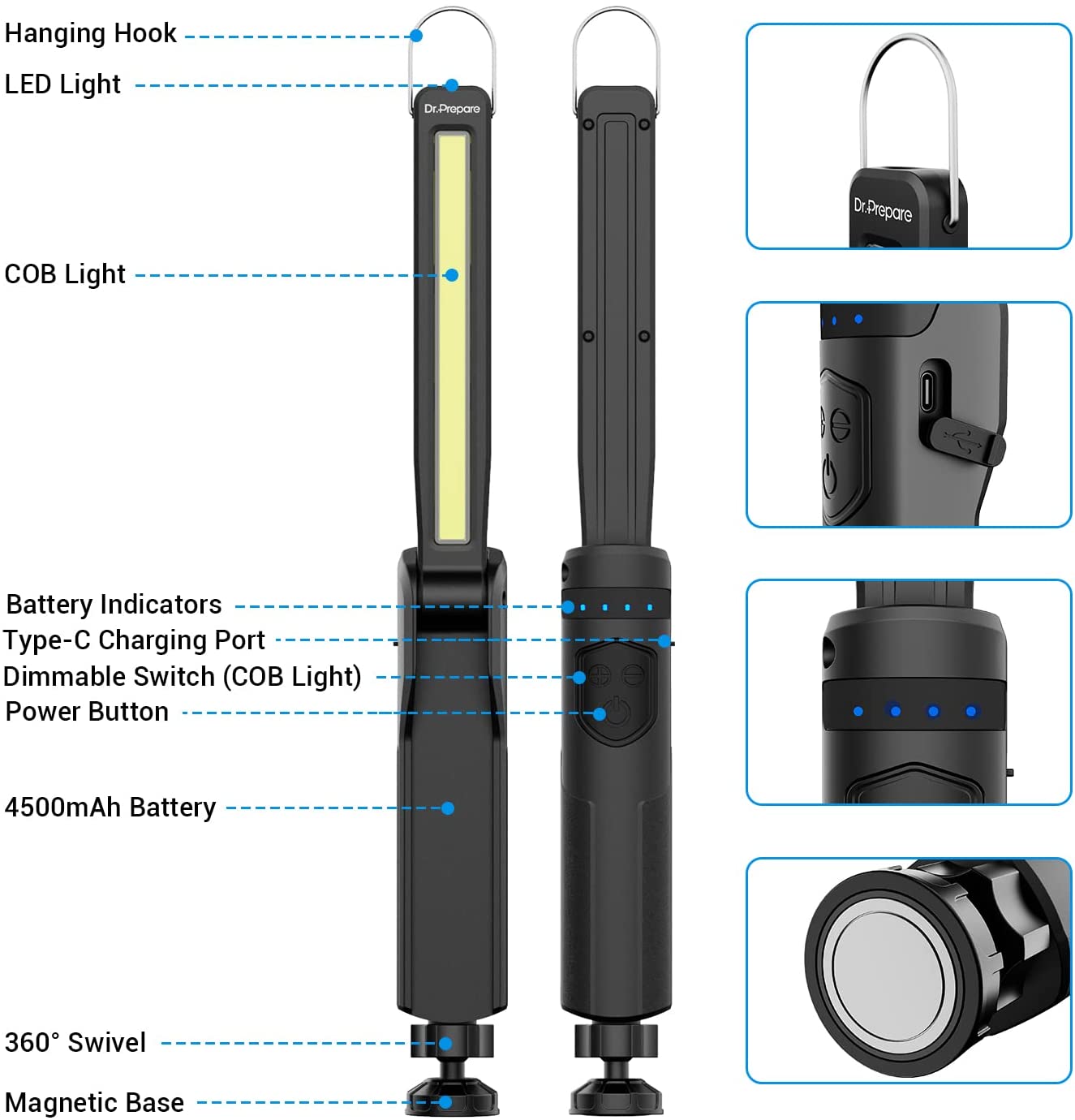 700 Lumens 4500mAh IPX4 Waterproof Foldable Rechargeable LED Work Light