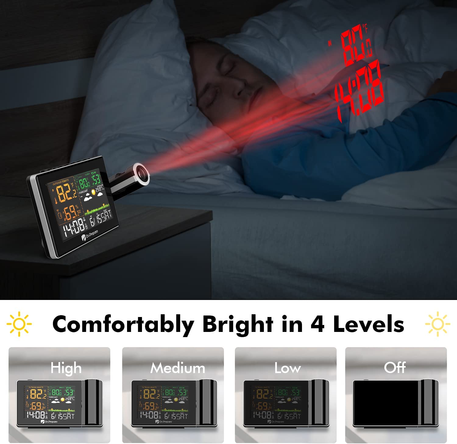 DR.PREPARE Projection Alarm Clock, Digital Clock Projector on Ceiling with  Indoor/Outdoor Temperature Display, Dual Alarms, Colored Backlight, Weather