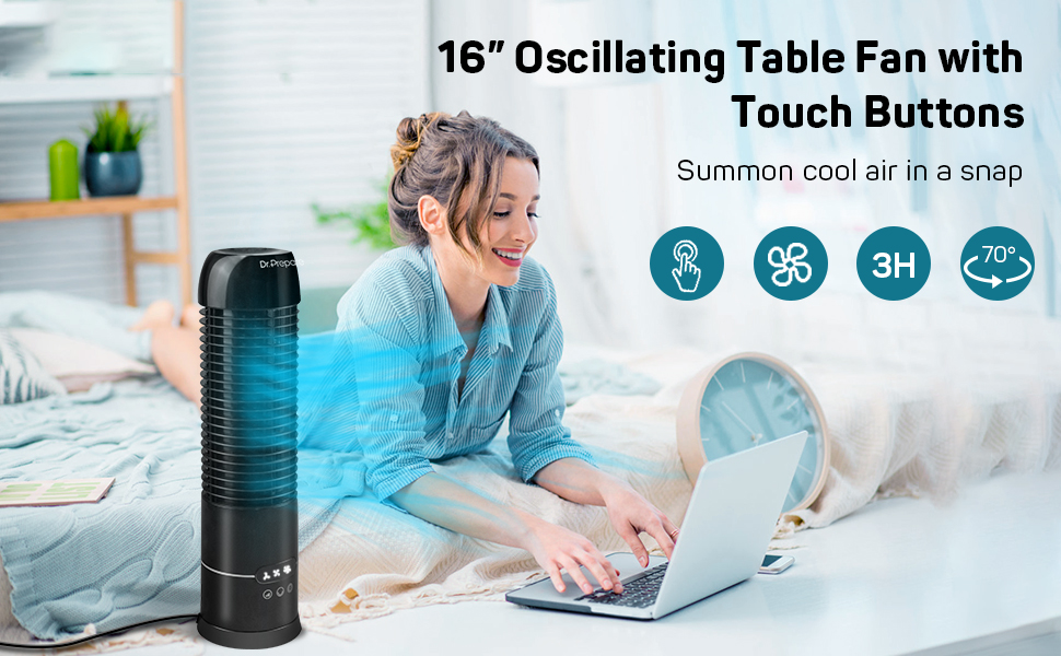 Dr. Prepare Small Tower Fan Oscillating Table Fans with 270° Tilt, 105°  Oscillating, 3 Speeds and 3 Auto-Off Timer, Portable USB Desk Fan for  Bedroom Office Home Desk 15'' 