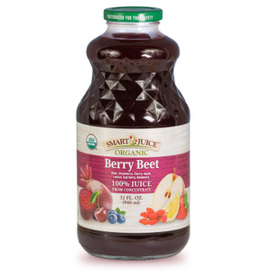 Smart Juice Organic Berry Beet 32 fl oz glass bottle, green cap, beet with mixed berries juice, USDA Organic seal.