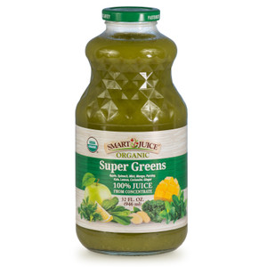 A bottle of Smart Juice organic Super Greens juice, vibrantly green juice in a 32 fluid oz glass bottle, shown against white background.