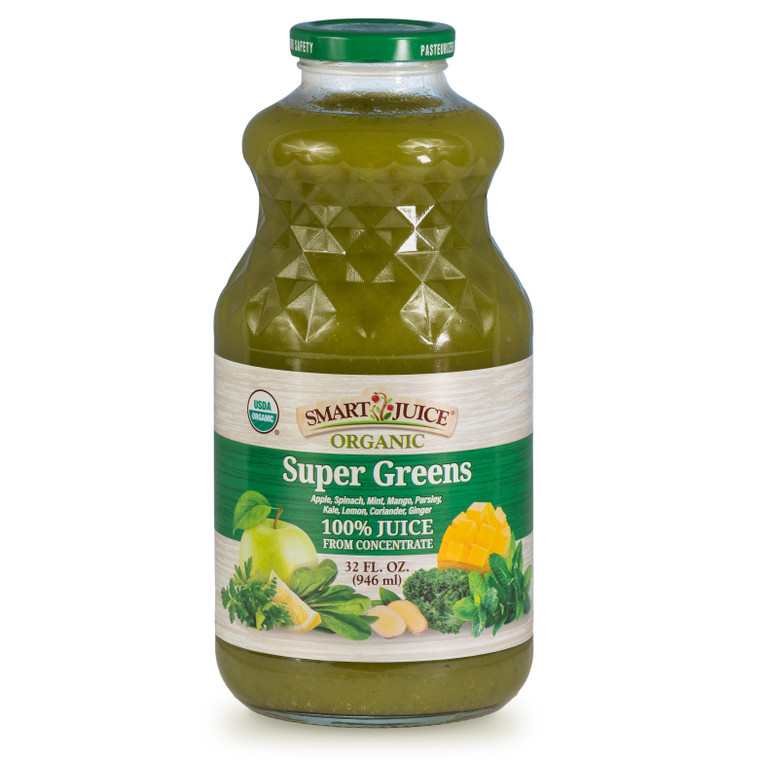 A bottle of Smart Juice organic Super Greens juice, vibrantly green juice in a 32 fluid oz glass bottle, shown against white background.