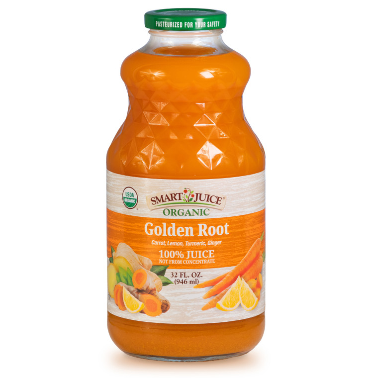 Smart Juice Organic Golden Root 32 fl oz glass bottle, green cap, carrot-lemon-turmeric-ginger juice, USDA Organic seal.