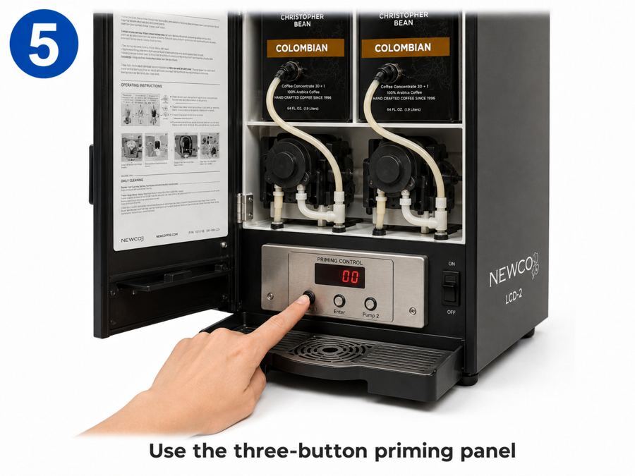 Use the three-button priming panel on the Newco LCD-2 dispenser