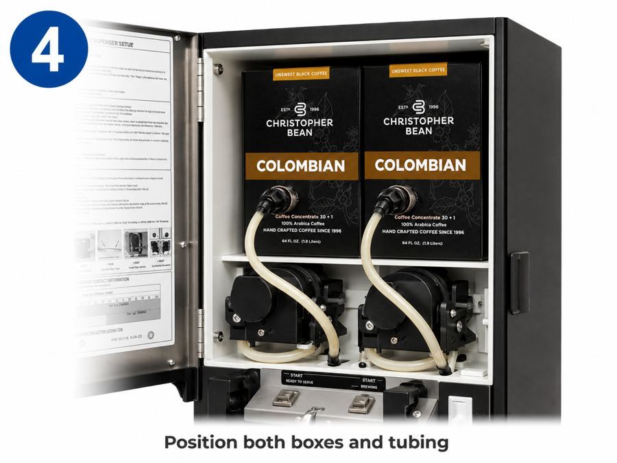 Position both Christopher Bean coffee boxes and tubing in the Newco LCD-2 dispenser
