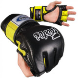 As seen at Major MMA events such as WEC, Strikeforce, EliteXC, IFL, HDnet, Bodog, Affliction, M1, Pancrase, One FC, Road FC, PXC. This series was awarded the "Best MMA Gloves" title by Fighter Only Magazine in 2008, as voted by MMA fans from around the world. Patent open palm with split knuckles and "open thumb loop" or "thumb enclosure" designed for the ultimate grappling control with minimal restriction. Ergonomically engineered with a unique contoured and tight-fit hand compartment to provide a secure and snug fit. Constructed from premium quality leather with Fairtex's signature three-layered foam core system for excellent hand and knuckle protection and shock disbursement.


Fingers are split at base for unimpeded dexterity and ventilation
Longer fingers add extra protection to the knuckles
Three-layer-- contoured knuckle padding absorbs shock
Durable leather construction with nylon water-repellant lining
Handmade in Thailand