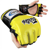 As seen at Major MMA events such as WEC, Strikeforce, EliteXC, IFL, HDnet, Bodog, Affliction, M1, Pancrase, One FC, Road FC, PXC. This series was awarded the "Best MMA Gloves" title by Fighter Only Magazine in 2008, as voted by MMA fans from around the world. Patent open palm with split knuckles and "open thumb loop" or "thumb enclosure" designed for the ultimate grappling control with minimal restriction. Ergonomically engineered with a unique contoured and tight-fit hand compartment to provide a secure and snug fit. Constructed from premium quality leather with Fairtex's signature three-layered foam core system for excellent hand and knuckle protection and shock disbursement.


Fingers are split at base for unimpeded dexterity and ventilation
Longer fingers add extra protection to the knuckles
Three-layer-- contoured knuckle padding absorbs shock
Durable leather construction with nylon water-repellant lining
Handmade in Thailand