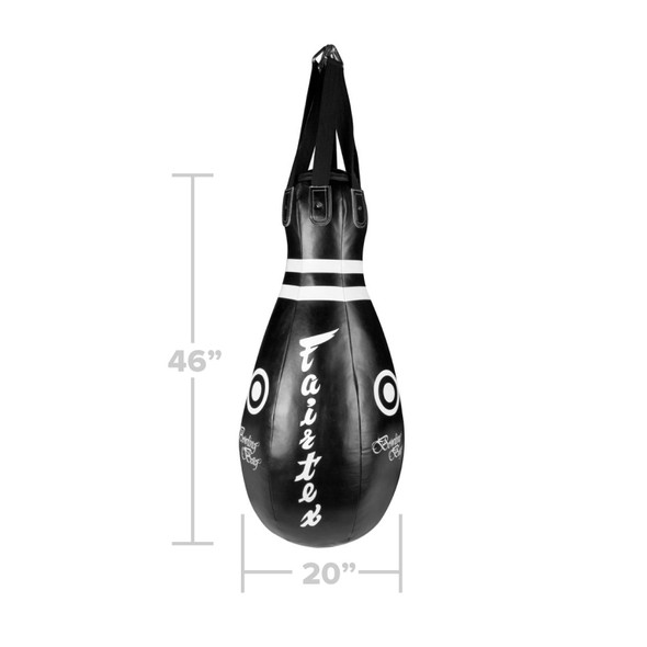 The bowling pin shaped heavy bag is an innovative new design from the Fairtex factory lab.

Additional shipping charges apply for this item.  The exact amount is quoted at the checkout or by selecting to estimate your shipping charges in your shopping cart.


Efficient for training head kicks -- knee strikes and working the clinch
Raises to extend the striking area
Lowers to work low kicks
Weight: Approx. 85 lbs.
Dimensions of 19”x20”x46”