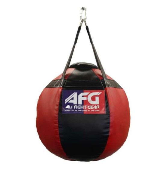AFG Boxing Wrecking Ball Heavy Punching Bag Black/Red, prefilled with 100% fabric, compressed. Weighs approximately 100 lbs. Made in U.S.A. 