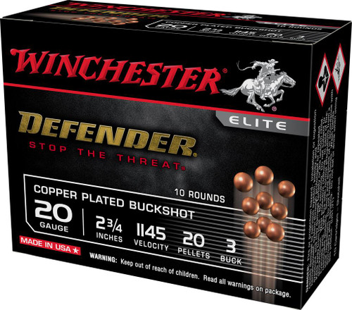 Winchester Ammo SB203PD Defender Copper 20 Gauge 2.75" 20 Pellets 3 Buck Shot 10 Bx/ 10 Cs - 020892026544
