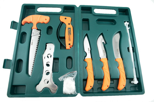 AccuSharp 728C Game Processing Kit Butcher/Caper/Gut-Hook/Bone Saw/Ribcage Spreader Gut Hook/Saw/Plain Stainless Steel Blade Orange FRN Handle - 015896007286