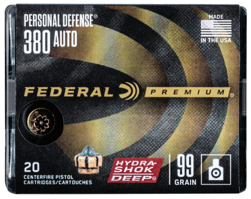Federal P380HSD1 Premium Personal Defense 380 ACP 99 gr Hydra Shok Deep Hollow Point 20 Per Box 10 Cs - 604544653465