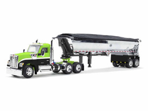 Kenworth W990 Day Cab and MAC Half-Round Tandem-Axle Dump Trailer Lime Green and Black 1/64 Diecast F977-60-1660
